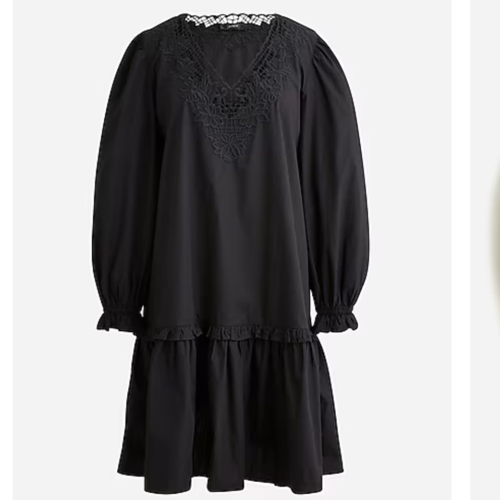 J. Crew Black Long Sleeve Cotton Dress with Lace Detail, knee length, XXL